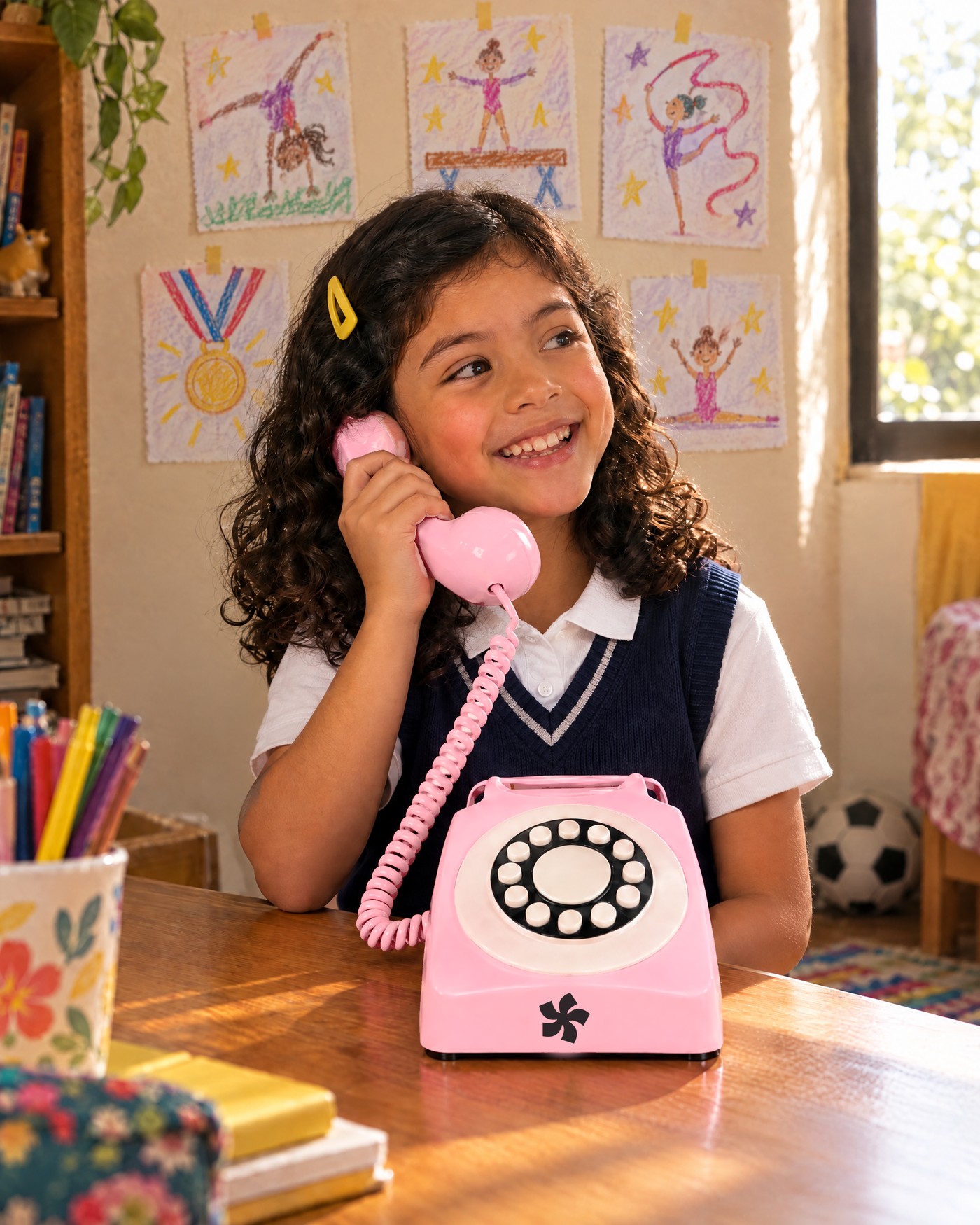 Una niña con uniforme se ríe con su Koto rosa
